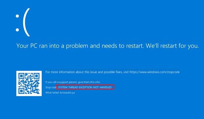 Cómo reparar el error SYSTEM_THREAD_EXCEPTION_NOT_HANDLED